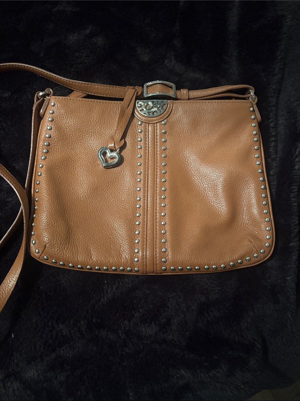 Stud-Trim Tan Leather Crossbody Bag with Heart Charm